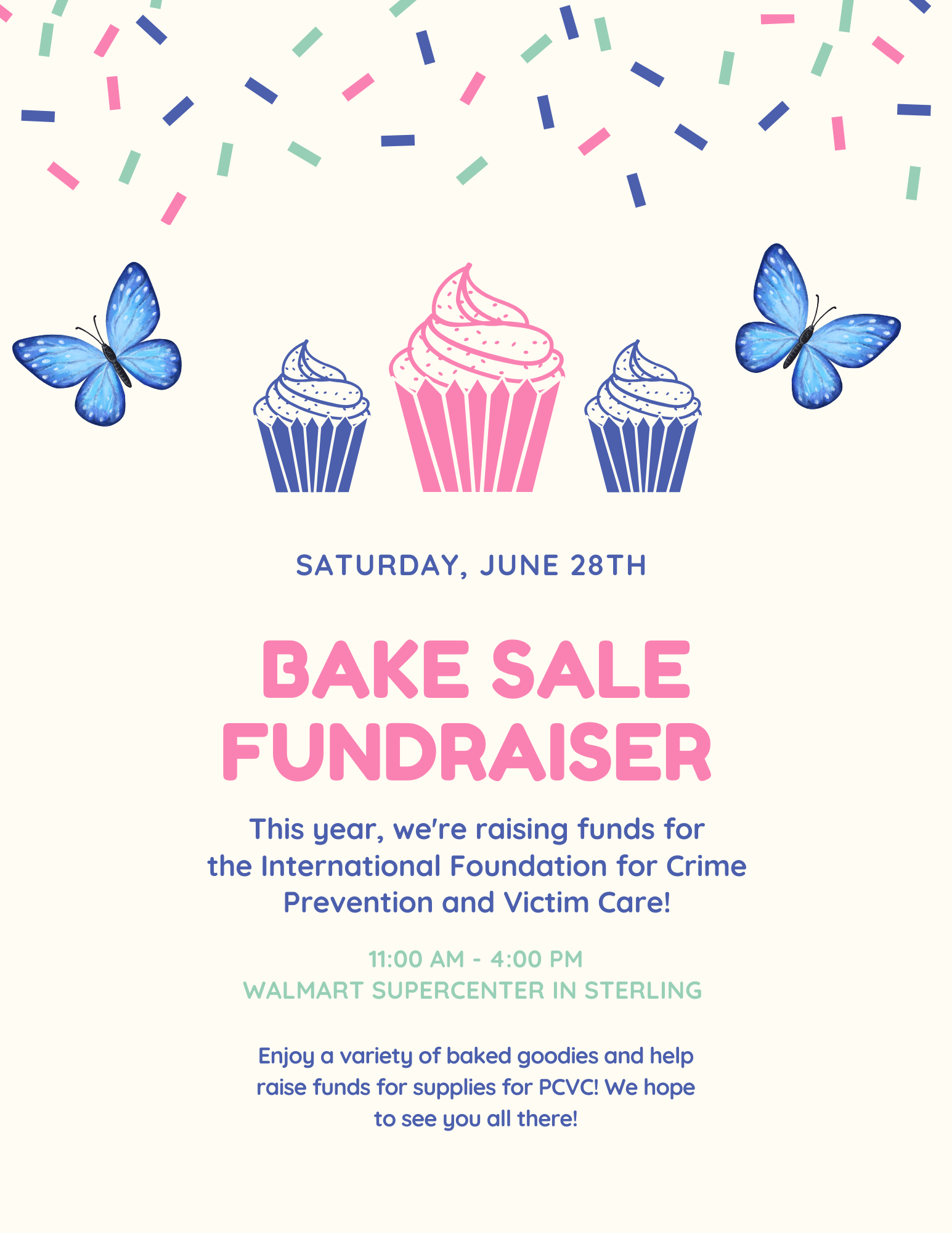 A pastel bake sale fundraiser flyer with butterflies and cupcakes.